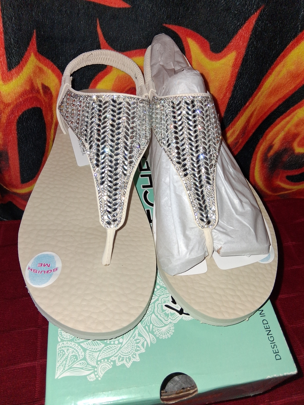 Women's Sketchers White Rhinestone T-Strap Sandals